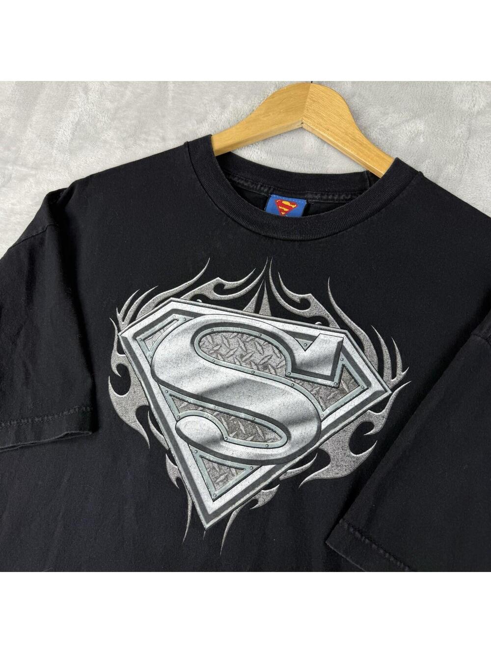 2005 VTG Superman Graphic T Shirt Mens 2XL DC Comics Logo Black Short Sleeve Y2K